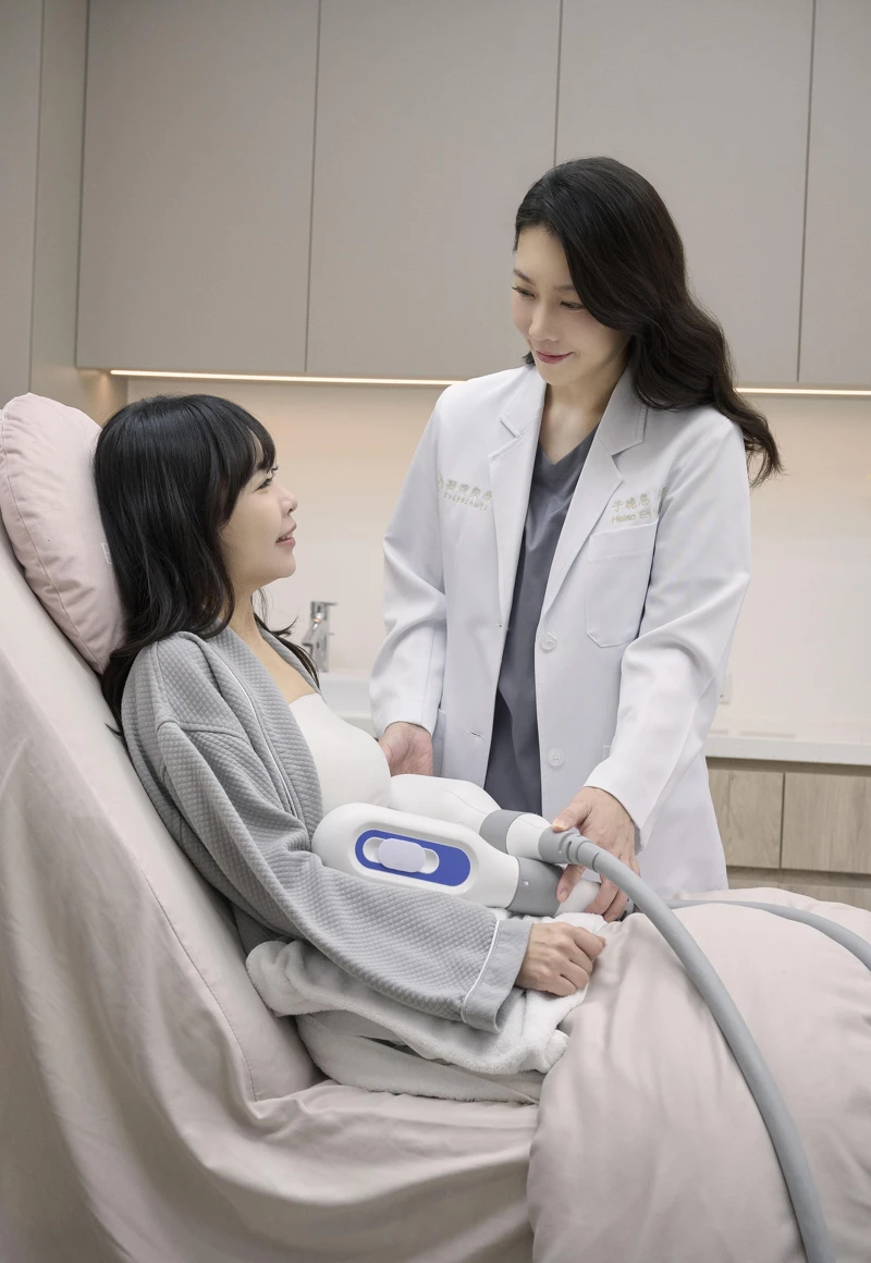 台北醫美 于曉恩醫師 女醫師女醫師為客戶進行小腹冷凍減脂療程的診間施作示意照